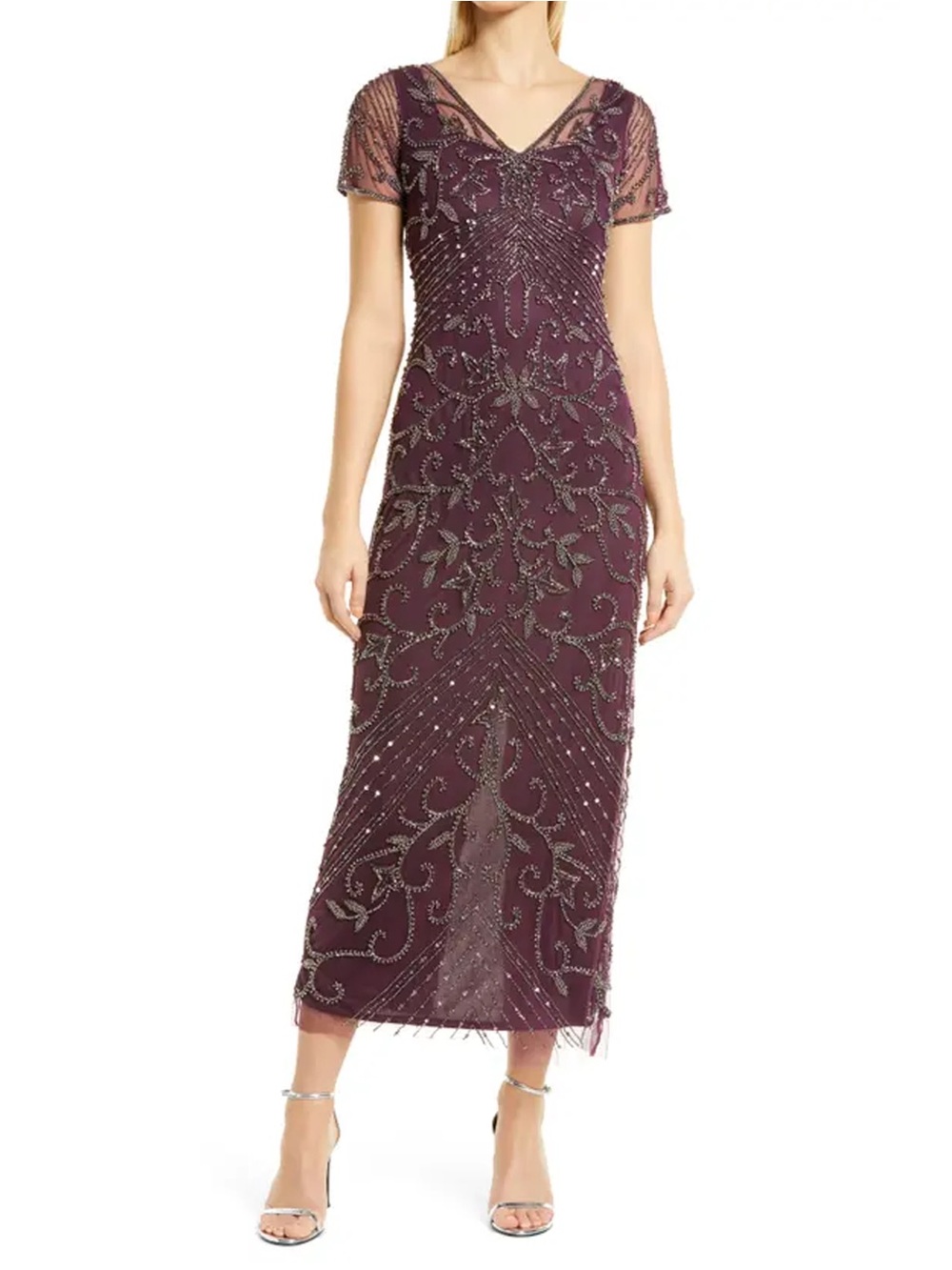 NWT Pisarro Nights - V-neck Cap Sleeve Beaded Mesh Illusion Column Gown Amethyst